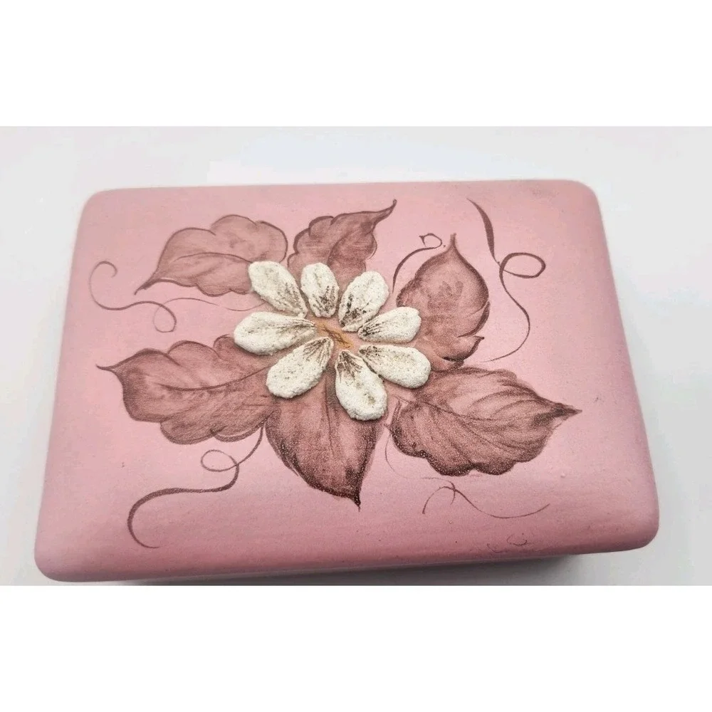 Ceramic Holland Mold Trinket Box Pink White Flowers Hand Painted 1 Of a Kind